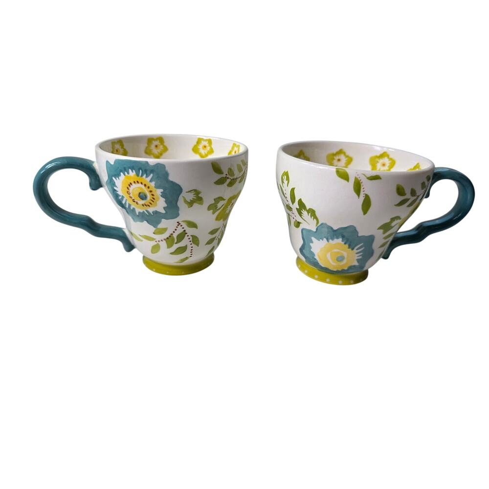 Set of 2 - DUTCH WAX Vintage Handpainted Ceramic Floral Mug Set